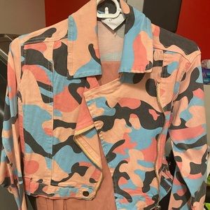 Pink camouflage denim moto jacket